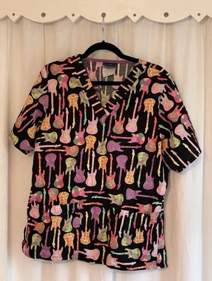 Tafford Uniforms Women’s M Colorful Guitar V Neck Scrub Top Medical - Image 1 of 4