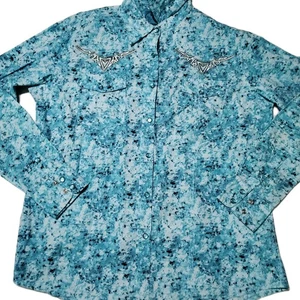 Cowgirl Hardware Women's Blue Marbled Cross Wings Long Sleeve Western Pearl Snap - Picture 1 of 6
