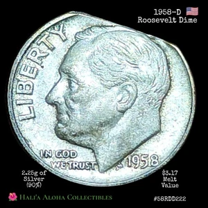 1958 D Roosevelt SILVER Dime US Mint Strike Error Coin Straight Clipped Planchet - Picture 1 of 2
