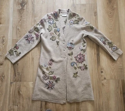 Suéter feminino tweeds lã malha floral longline tripulação marrom rosa azul G - Imagem 1 de 4