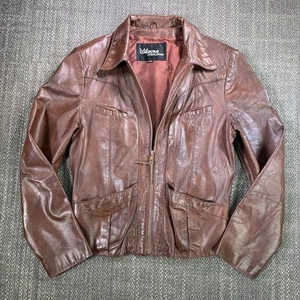 Vtg Wilsons Leather Jacket Women 8 Burgundy Brown Side Belted 80s Retro Mob Wife - Picture 1 of 19