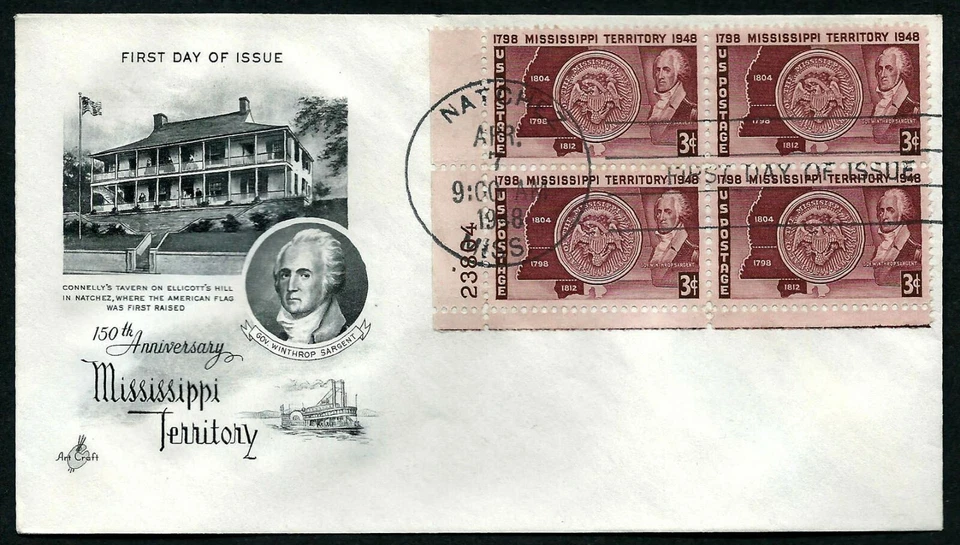 USA, SCOTT # 955, ARTCRAFT FDC COVER - 1948 MISSISSIPPI TERRITORY, PLATE BLOCK - Image 1 of 1