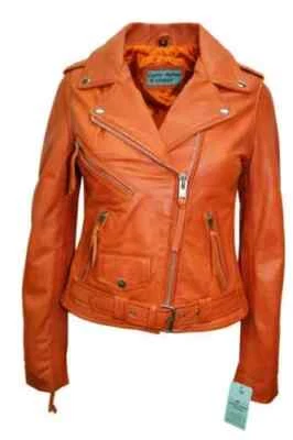 Chaqueta de cuero naranja genuina para mujer hecha a mano piel de cordero elegante informal motociclista Foto 1 de 4