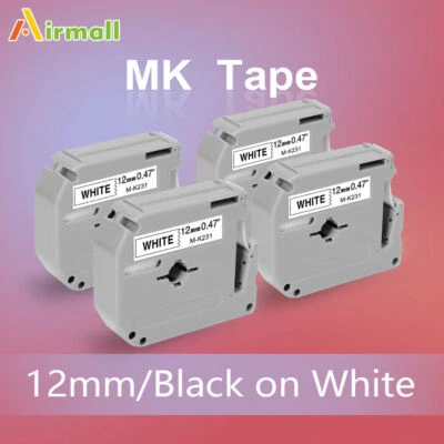 AIRMALL 4 pack for Brother P-touch PT80 PT70 Black on White Label Tape M-K231 MK231 12mm