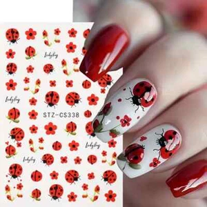 Nail Art Stickers Decals Cute Ladybug Flowers Red Easy DIY Manicure Transfers - Picture 1 of 3
