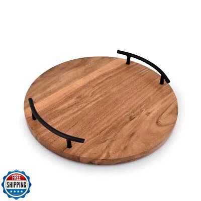 NIRMAN Serving Tray Round Wood Serving Tray with Iron Handles Display for Vin - Image 1 of 4