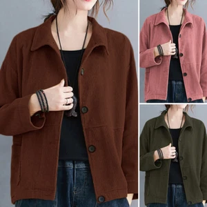 UK Women Lapel Neck Corduroy Coat Jacket Casual Loose Tops Cardigan Outwear Plus - Picture 1 of 15