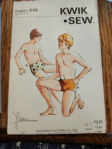 Kwik Sew Pattern 649 Boys' Swim Trunks Bikini or Regular Style Sz 8-12 UNCUT - Picture 1 of 4