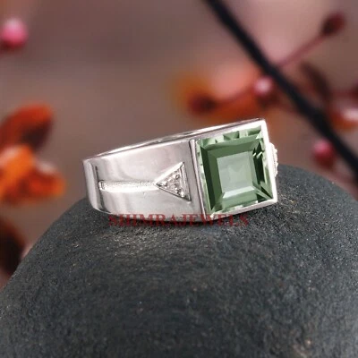 Натуральный зеленый аметист с 14K белое золото покрытием серебряное кольцо для мужчин #1257 - Изображение 1 из 4