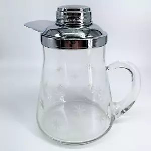 VTG MID-CENTURY 9" GLASS CARAFE DECANTER ETCHED STARS ATOMIC SILVER LID PITCHER - Picture 1 of 12
