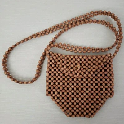 Bolso de hombro con cuentas de madera sintética forrado marrón cabaña playa boho Foto 1 de 4