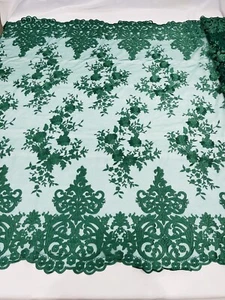 Hunter Green Lace Fabric, By The Yard Floral Corded, Flower Embroidered on Mesh - Picture 1 of 3