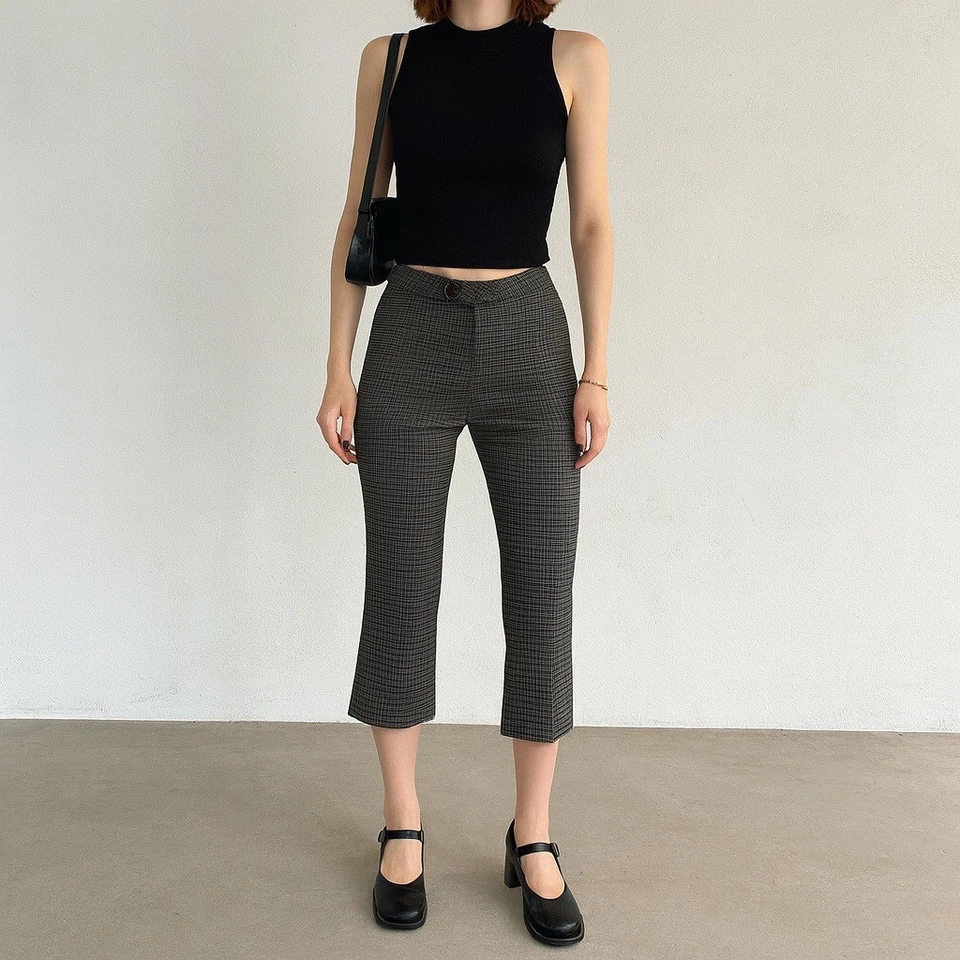 Vintage Y2K Anchor Blue Gray Plaid Flare Pants Size 7 USA Pedal Pushers Trousers - Image 1 of 4