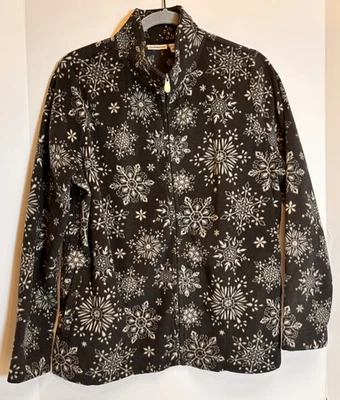 Chaqueta polar mediana Croft & Barrow para mujer negra blanca con estampado de copo de nieve cremallera completa Foto 1 de 4