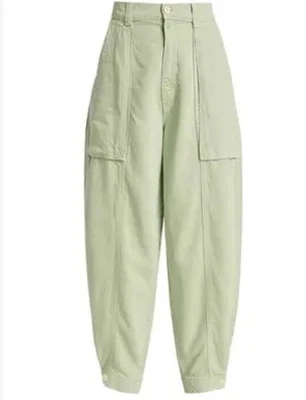 Pantalones Madre Parche Bolsillo Chute Flood Barrel Camafeo Verde Lino Sarga Cintura Alta Foto 1 de 4