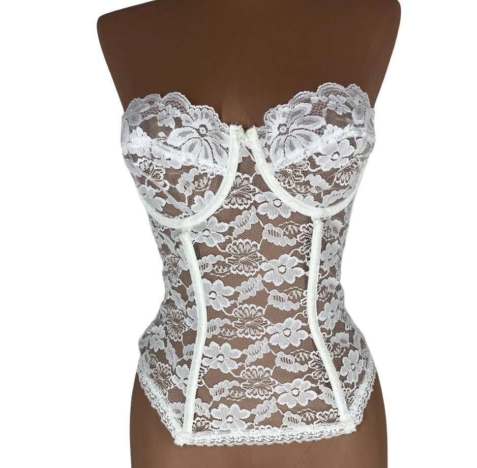 复古 Dolores 蕾丝紧身胸衣全网眼蕾丝无衬里有线白色性感内衣 36 — 第 1/4 张图片