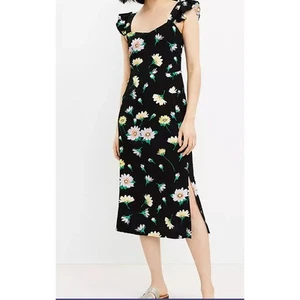 LOFT Floral Ruffle Strap Midi Dress Sundress Size 10 Black Yellow White Daisies - Picture 1 of 11
