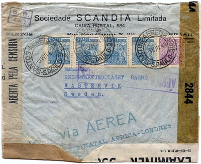 Brasilien 1943 Flugpost Brief Sao Paulo Afrika London Schweden 3x Zensur / 1393 - Bild 1 von 2
