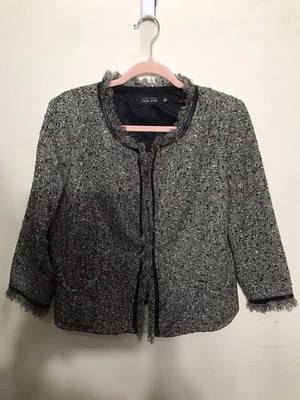Rickie Freeman Teri Jon Size 12 Wool Blend Tweed Fringe Trim Vintage Jacket - Image 1 of 4