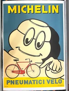 MICHELIN BIBENDUM AUTENTICO STAMPA ORIGINALE 1959 POSTER BICICLETTA ITALIANA SU LINO - Foto 1 di 6