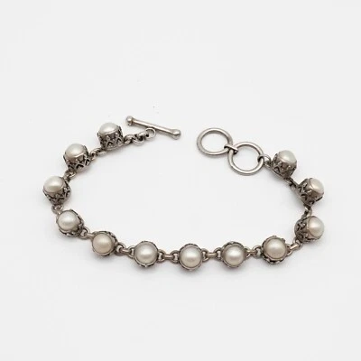 Juego de pulsera de eslabones de plata de ley con perlas 7,5"L Foto 1 de 4