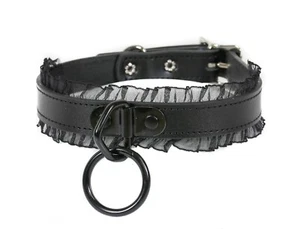 Goth Lace Bondage Collar Black Real Leather Choker Necklace Punk Rock - Picture 1 of 1