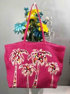 VERA BRADLEY Pixie Confetti Palm Trees Hot Pink Large Straw Beach Tote - Picture 1 of 7