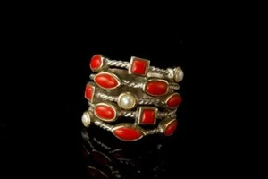 VINTAGE MODERNIST RED CORAL PEARL STERLING SILVER BAND RING  D144-14 - Picture 1 of 4