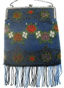 Antique Flower Glass Bead Blue Fringe Purse Double Side Design Handmade Handbag - Picture 1 of 7