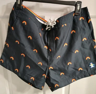 ORIGINAL PENGUIN Mens Swim TRUNKS SHORTS, Size 33 Navy W/rainbows White Liner  Foto 1 de 4