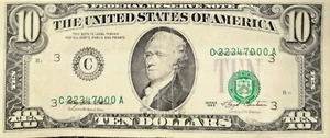 $10 1993 FRN Offset Misalignment Error Green Seal / Serial Number Currency Note - Picture 1 of 4