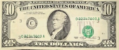 $10 1993 FRN Offset Misalignment Error Green Seal /  Serial Number Currency Note - Image 1 of 4