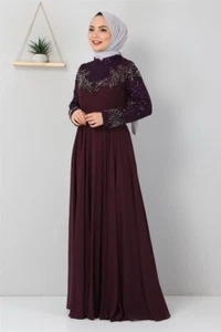 Elegantes Chiffon Langarm Abendkleid - bescheidenes muslimisches festliches Kleid, Perlen - Bild 1 von 4