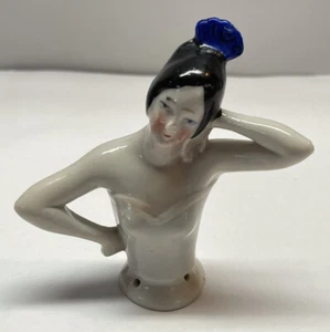 Vintage German Porcelain Pin Cushion Half Doll Black Hair w/ Blue Clip 3" Tall  - Picture 1 of 8
