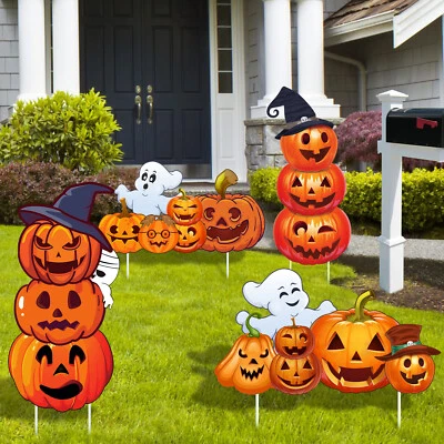 GAMEXCEL 4 Pack Large Halloween Pumpkin Ghost Yard Sign Garden Stakes Party Lawn Decor