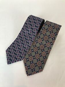 BURBERRYS OF LONDON Tie Lot of 2 Paisley Geo 100% Silk Hand Sewn in USA 56.5x3.5