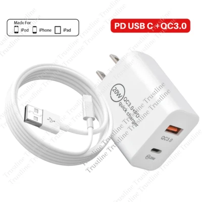 20W QC 3.0 Power Adapter PD Fast Charger USB Cable For iPhone 14/13/12/11/8/6/XR - Image 1 of 4