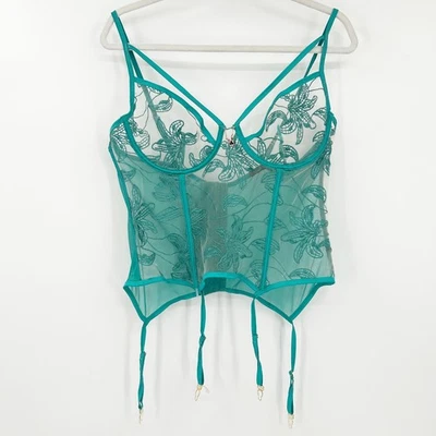 Playboy X Yandy Floral Embroidered Mesh Corset Lingerie Top 1X Green - Image 1 of 4