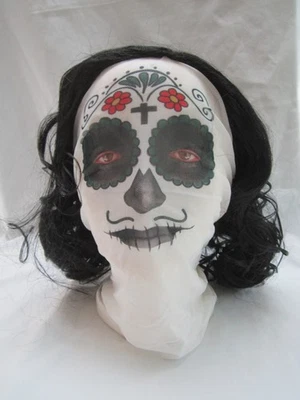 Halloween Adult Day of the Dead Mask w Black Hair Costumes Parties nylon sleeve - Image 1 of 4