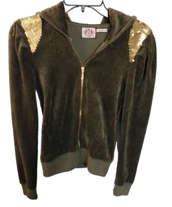 Chaqueta con Capucha Y2K Juicy Couture Pequeña de Terciopelo Oliva Cremallera Lentejuelas Doradas Hombro De Colección - Imagen 1 de 14