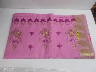 SARI TEJIDO JACQUARD ROSA G.S.L. JAFFNA SEDA BORDADA ORO Y MORADO Foto 1 de 3