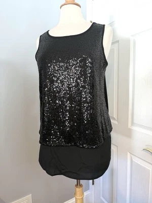 Camiseta sin mangas DG2 by Diane Gilman lentejuelas negras en capas - Nueva con etiquetas talla mediana Foto 1 de 4
