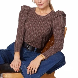 Nation Ltd Romy Top Shirt Blouse Puff Shoulder Ruched Tartan Plaid Women Size XS - Picture 1 of 5