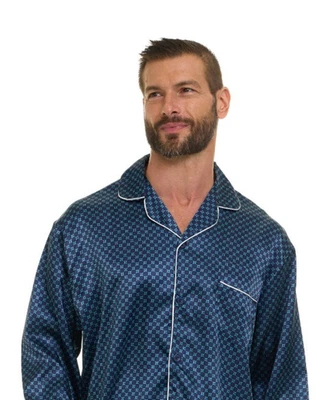 Mens Silk Satin Pajamas -PJ Set NAVY CHECKER + ''5 DAY DELIVERY - USA Seller - Image 1 of 4
