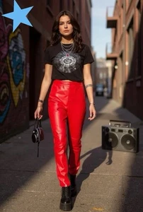 Vintage 90s Y2K Cache Red Leather & Black Knit Sexy Hawt Women's Pants Size 8 M - Picture 1 of 10