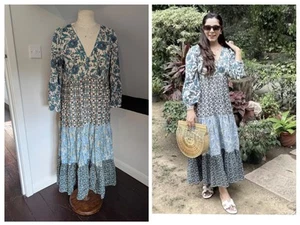 Zara Blue Printed Tiered Patchwork Cotton Summer Midi Dress VGC Large 5598/027 - Picture 1 of 17
