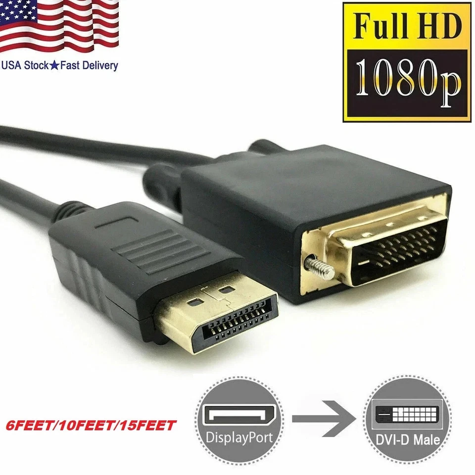 6/10/15 Ft Gold Plated DP DisplayPort to DVI-D Male Dual Link Cable 4k 1080P LOT - Image 1 of 4