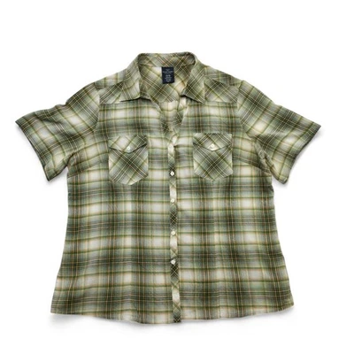 Faded Glory Girls Plaid Western Button Up Shirt XL Green Tan Cotton Retro Youth - Image 1 of 4