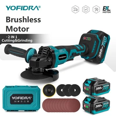 YOFIDRA 125mm Brushless Variable Speed Angle Grinder 2 Li-ion Battery Kit For 18V Makita