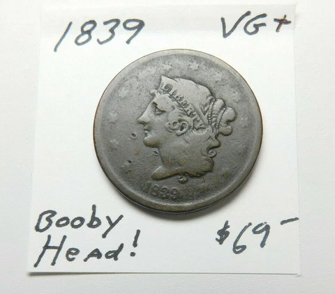 1839 VG+ BOOBY HEAD U.S. LARGE CENT - ORIGINAL, NEVER CLEANED - BOLD DATE!!⭐ Cover